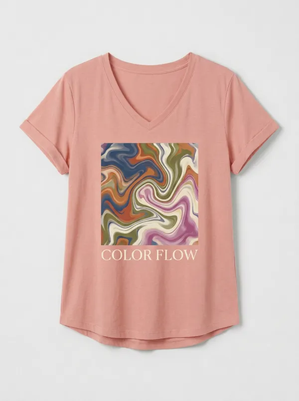 Women's Abstract Art Color Flow Marble Printed V-Neck T-Shirt Modern Pattern