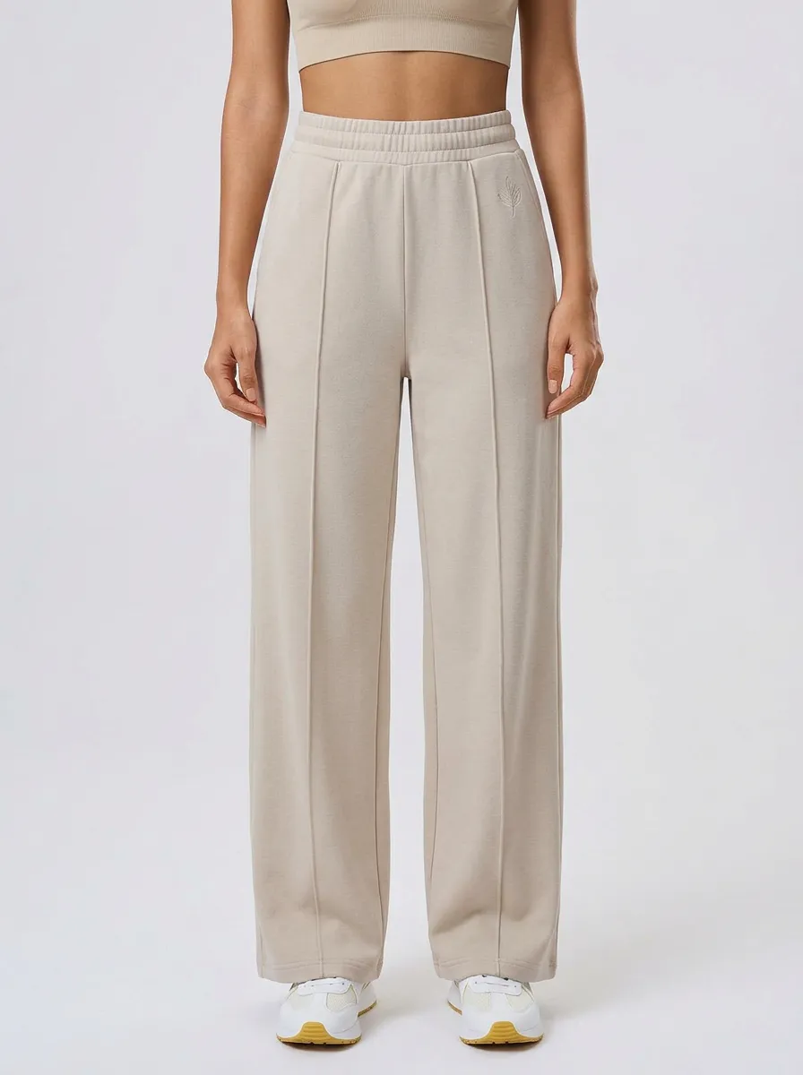 Women's Minimalist Solid Beige Embroidered Leaf Printed Wide Leg Sweatpants