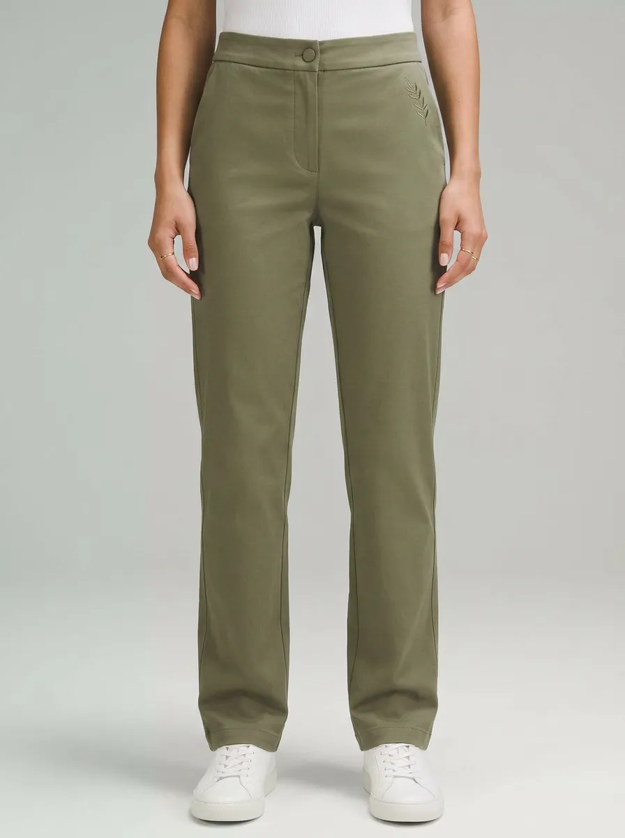 Women's Minimalist Nature Lover Leaf Embroidered Mid-Rise Straight Leg Pants