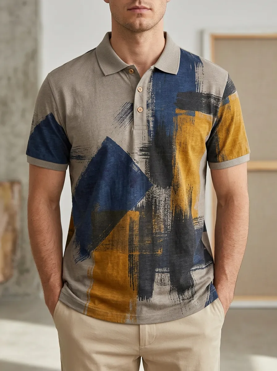 Men's Abstract Brushstroke Geometric Printed Polo Shirt Modern Casual Style