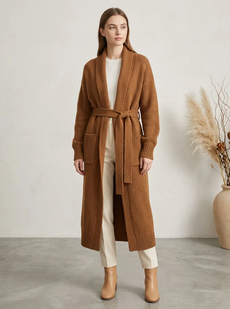 Women's Shawl Collar Belted Long Cardigan