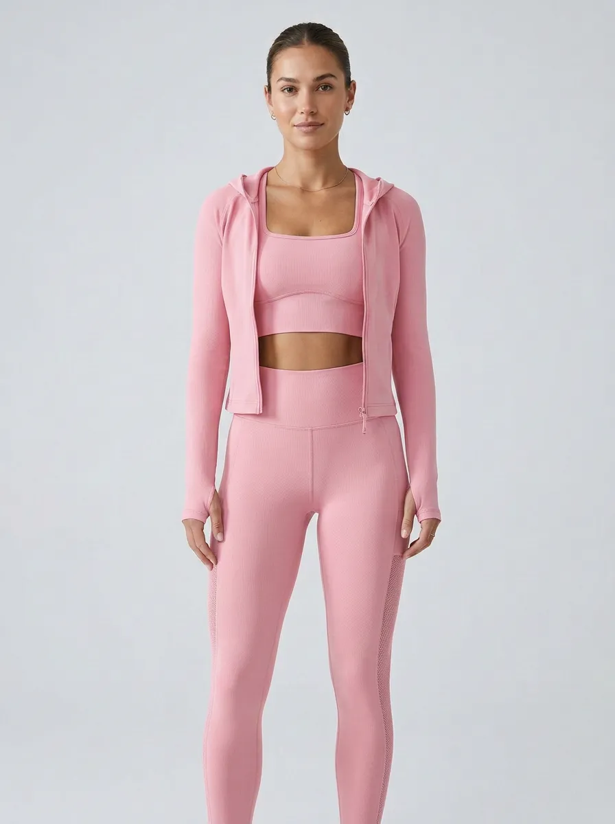 Athletic Ribbed Texture Seamless Design Set Women's Three Piece Activewear Set