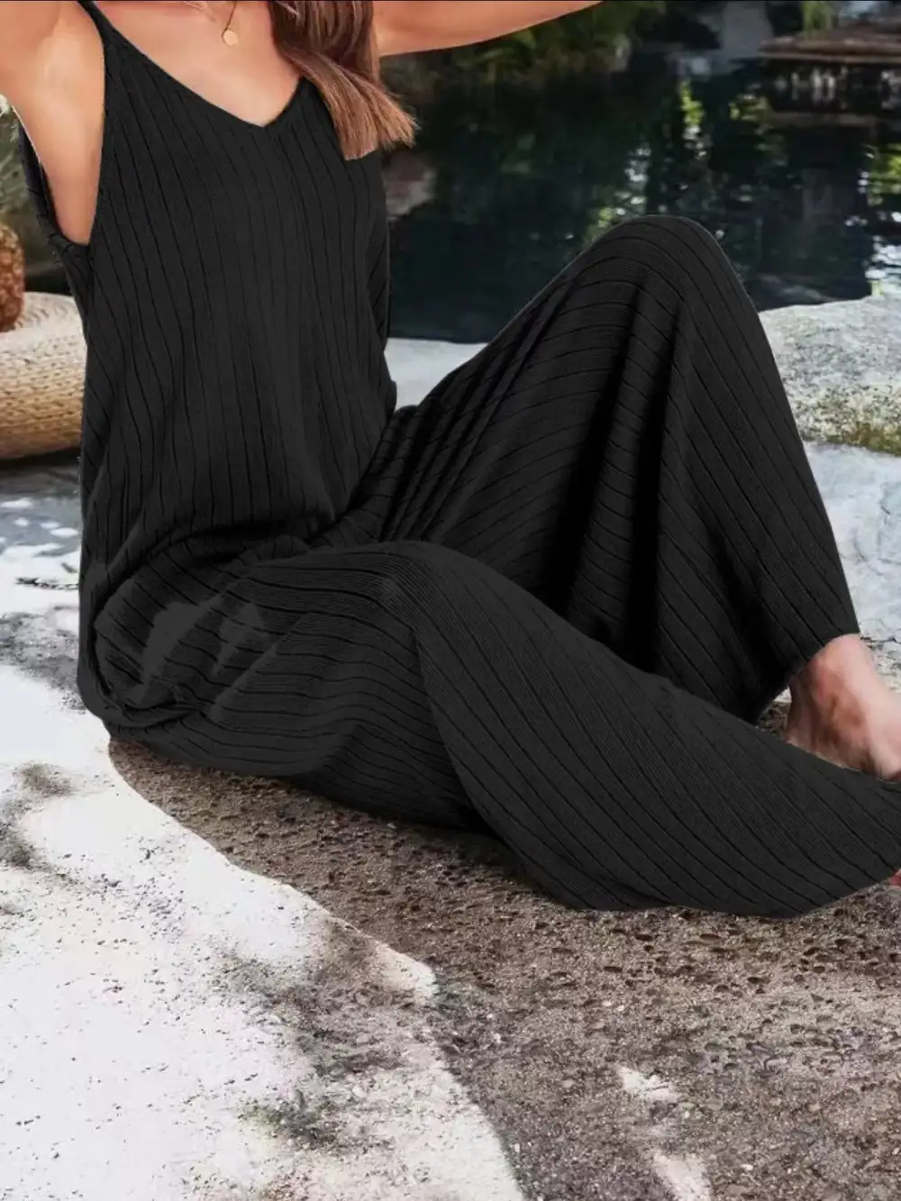 Ribbed V Neck Wide Leg Jumpsuit