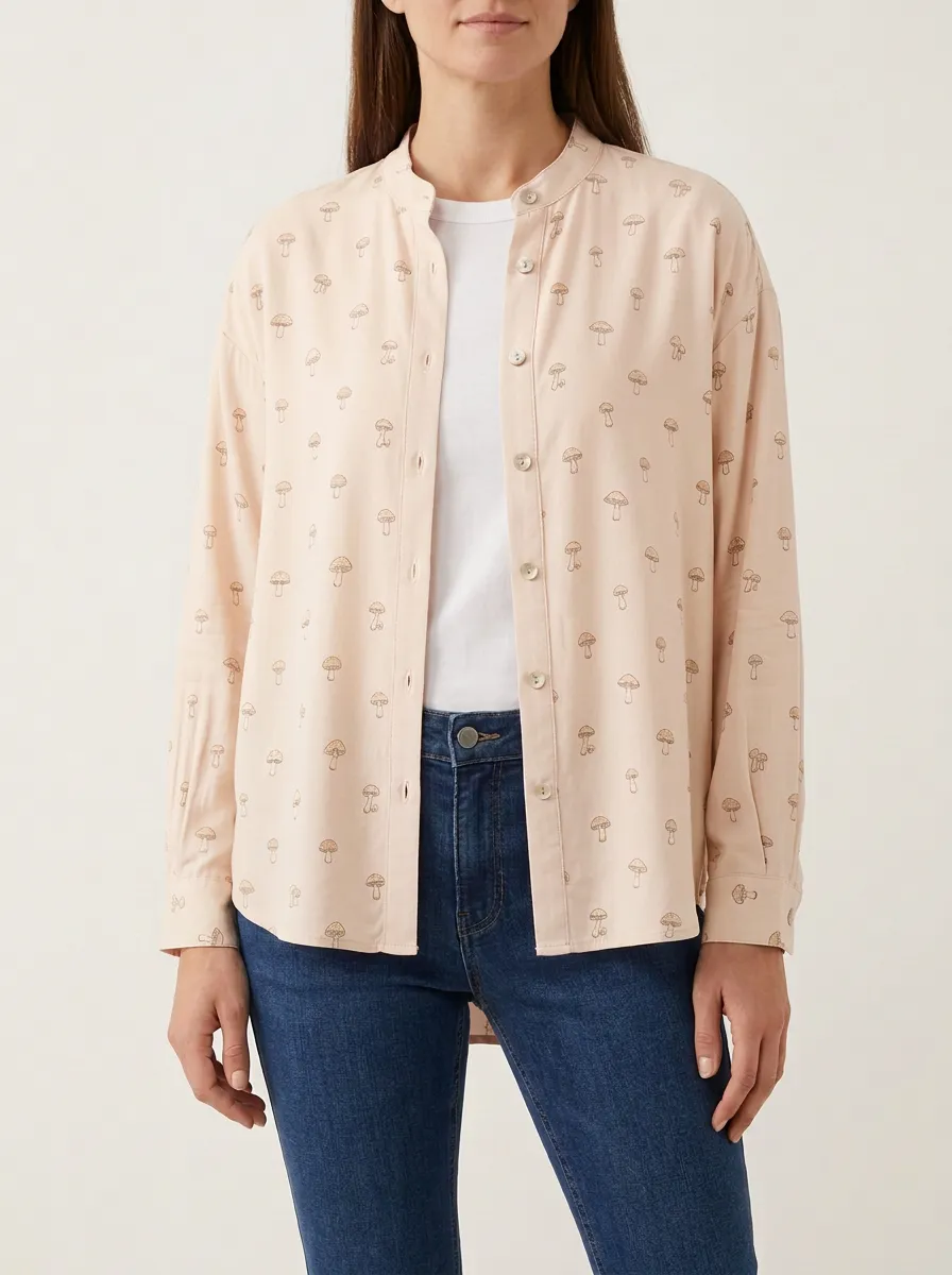 Women's Mushroom-Print Mandarin-Collar Rounded-Hem Shirt
