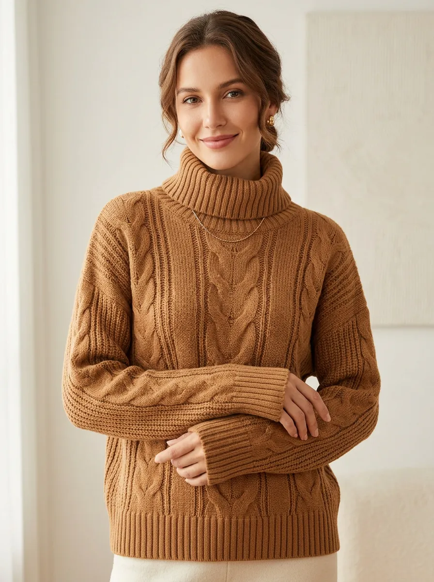 Women's Casual Fall Fashion Brown Cable Knit Turtleneck Sweater