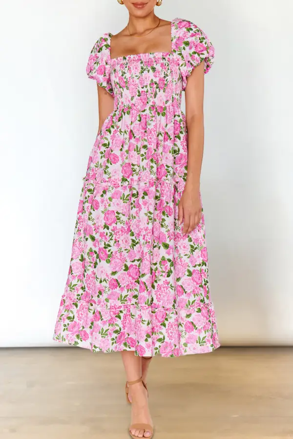 Classic Dainty Floral Smocked Puff Sleeve Flowy Long Dress