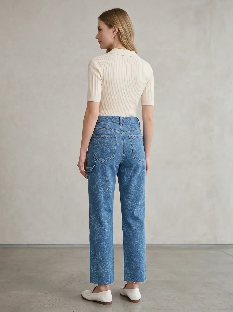 Women's Botanical Floral Line Art Printed Denim Jeans