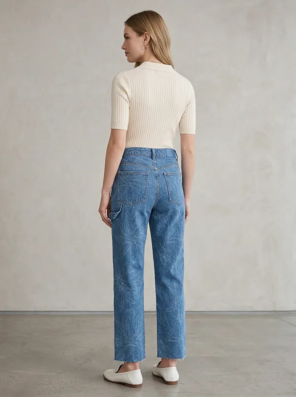 Women's Botanical Floral Line Art Printed Denim Jeans