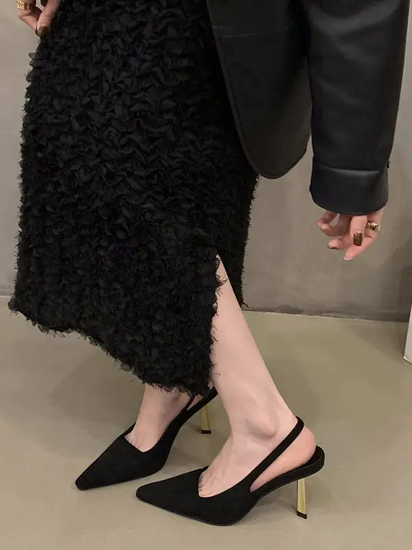 Cutout Pointed-Toe Panel Detail Slingback Rubber Sole Heeled Sandals