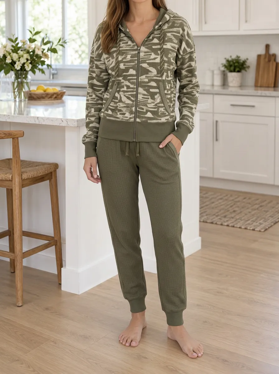 Women's Camo Waffle Texture Ribbed Zip Hoodie Jogger Set