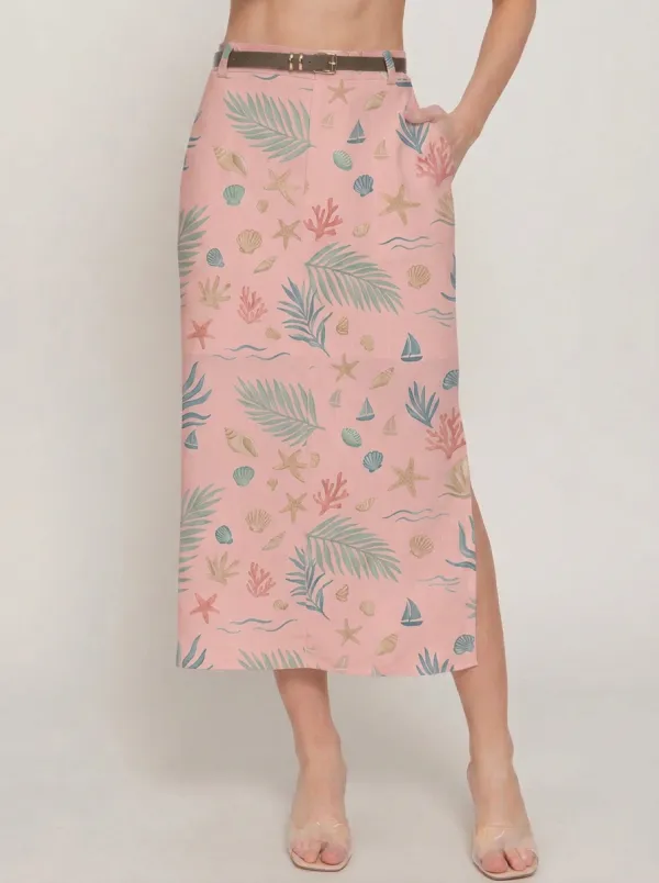 Women's Beach Lover Seashell Starfish Palm Leaf Printed Midi Skirt