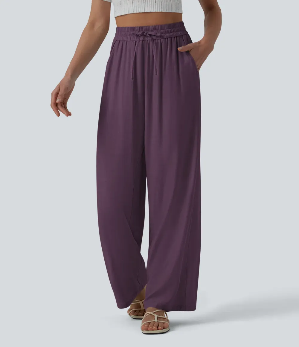 2026🔥High Waisted Drawstring Wide Leg Casual Linen-Blend Trousers with Pockets