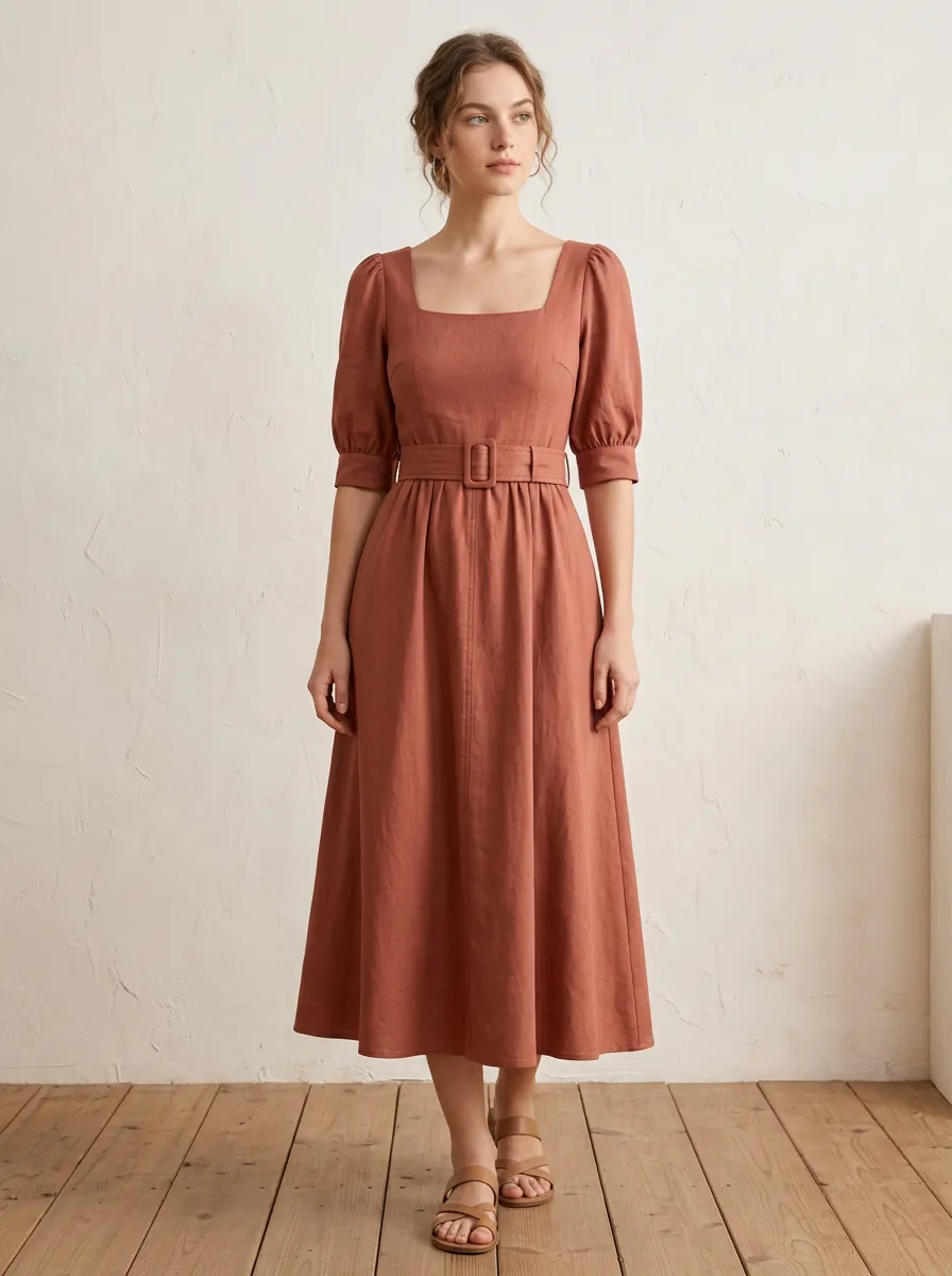 Women's Vintage Casual Terracotta Square Neck Belted Midi Dress