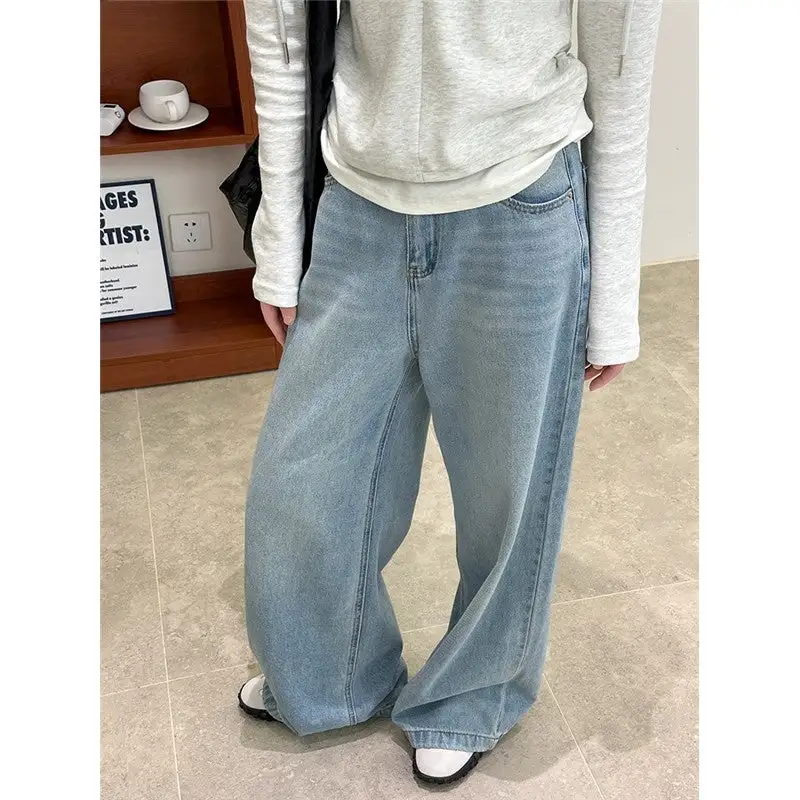 Layered Washed Loose Straight Leg Denim Jeans