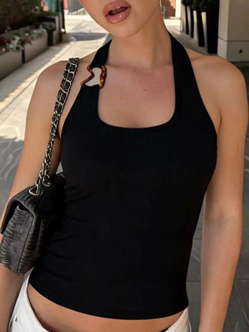 Refined Halter-Neck Ribbed Tank Top
