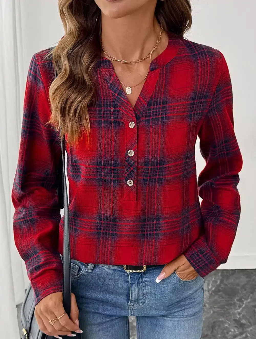 V Neck Plaid Button Shirt