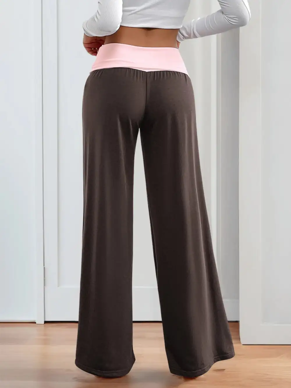 Contrast Waistband Wide Leg Pants