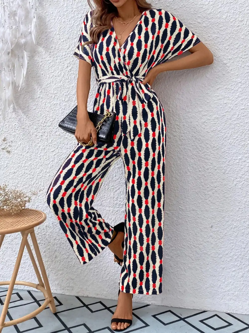 Printed Surplice Tie Waist Short Sleeve Shorts