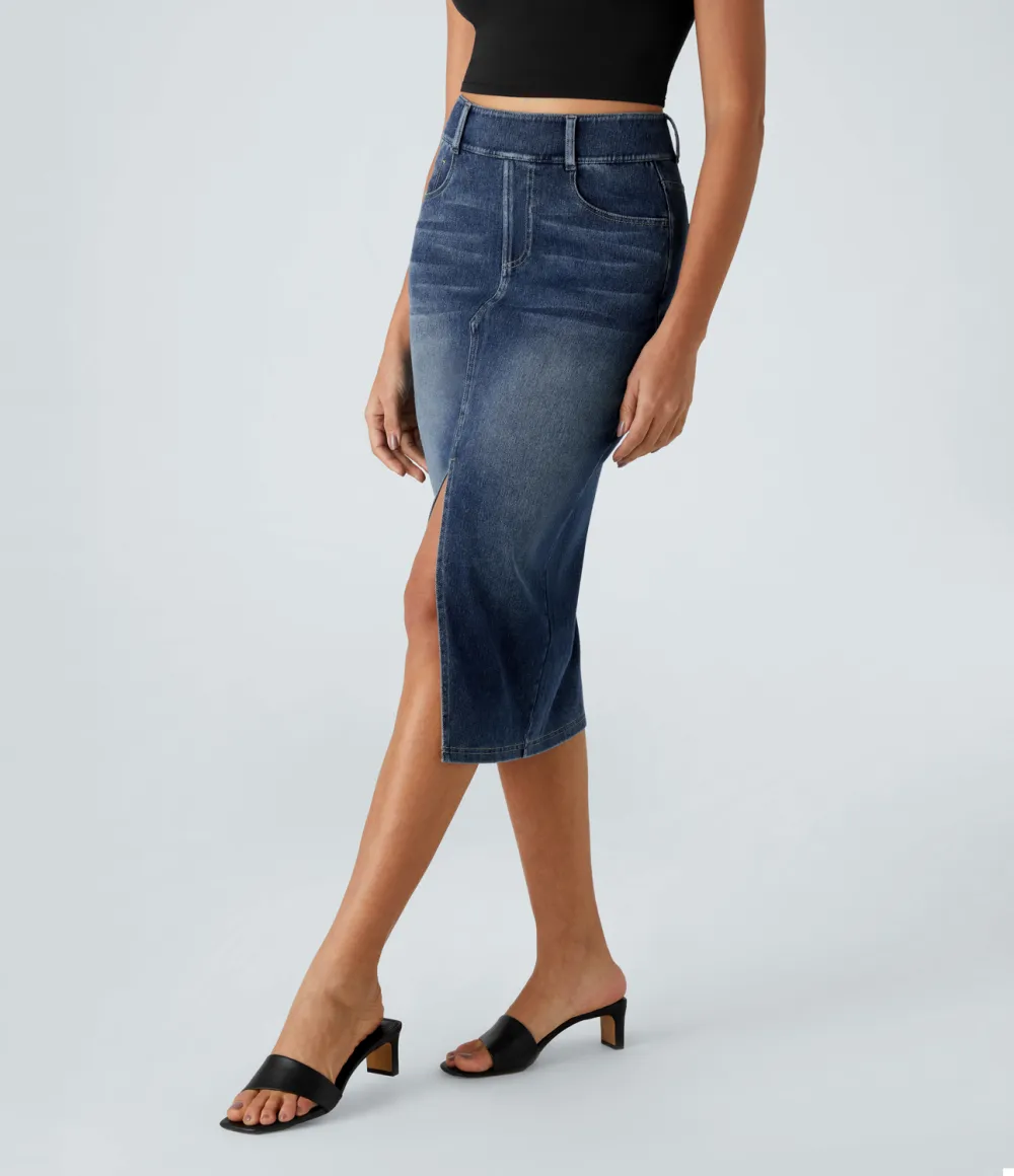 Magic High Waisted Multiple Pockets Bodycon Split Washed Stretchy Knit Denim Casual Midi Skirt