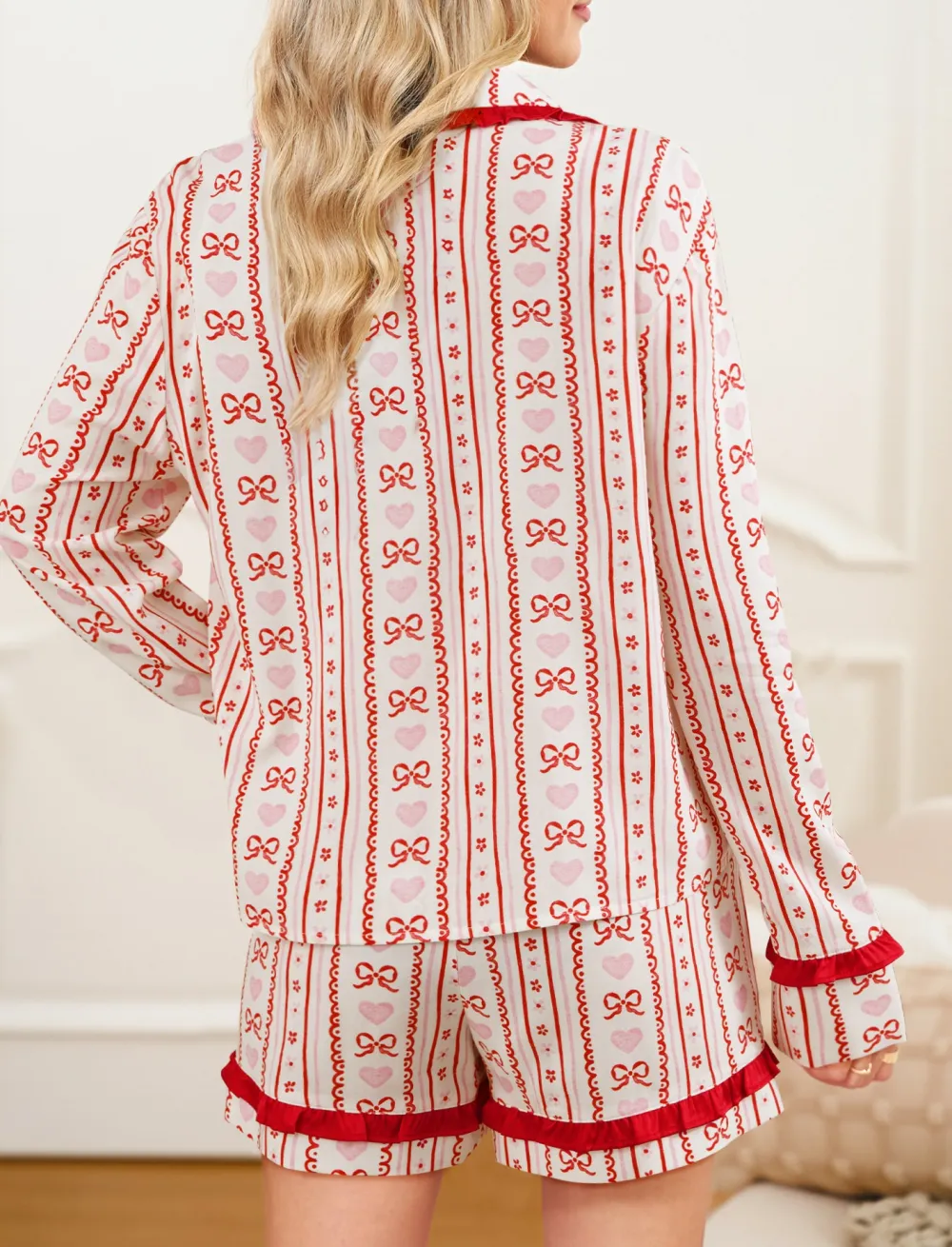 Women's Sweet Floral Heart Bow Print Contrast Trim Long Sleeve Shirt Pajama Short Set