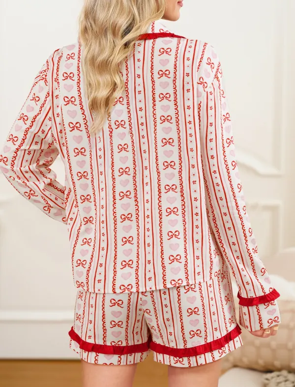 Women's Sweet Floral Heart Bow Print Contrast Trim Long Sleeve Shirt Pajama Short Set