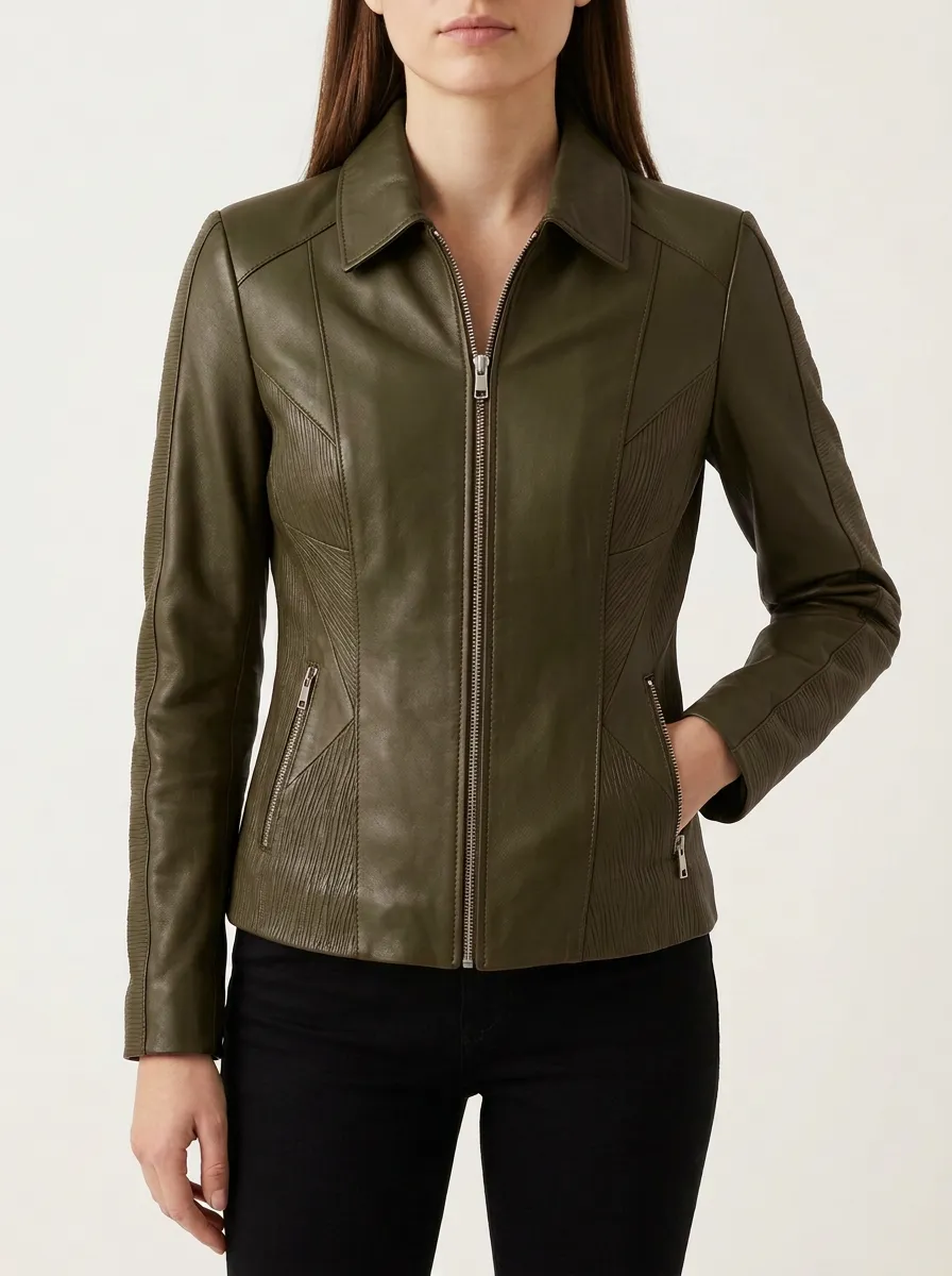 Leather-Look Slim Fit Zip-Up Jacket With Point Collar