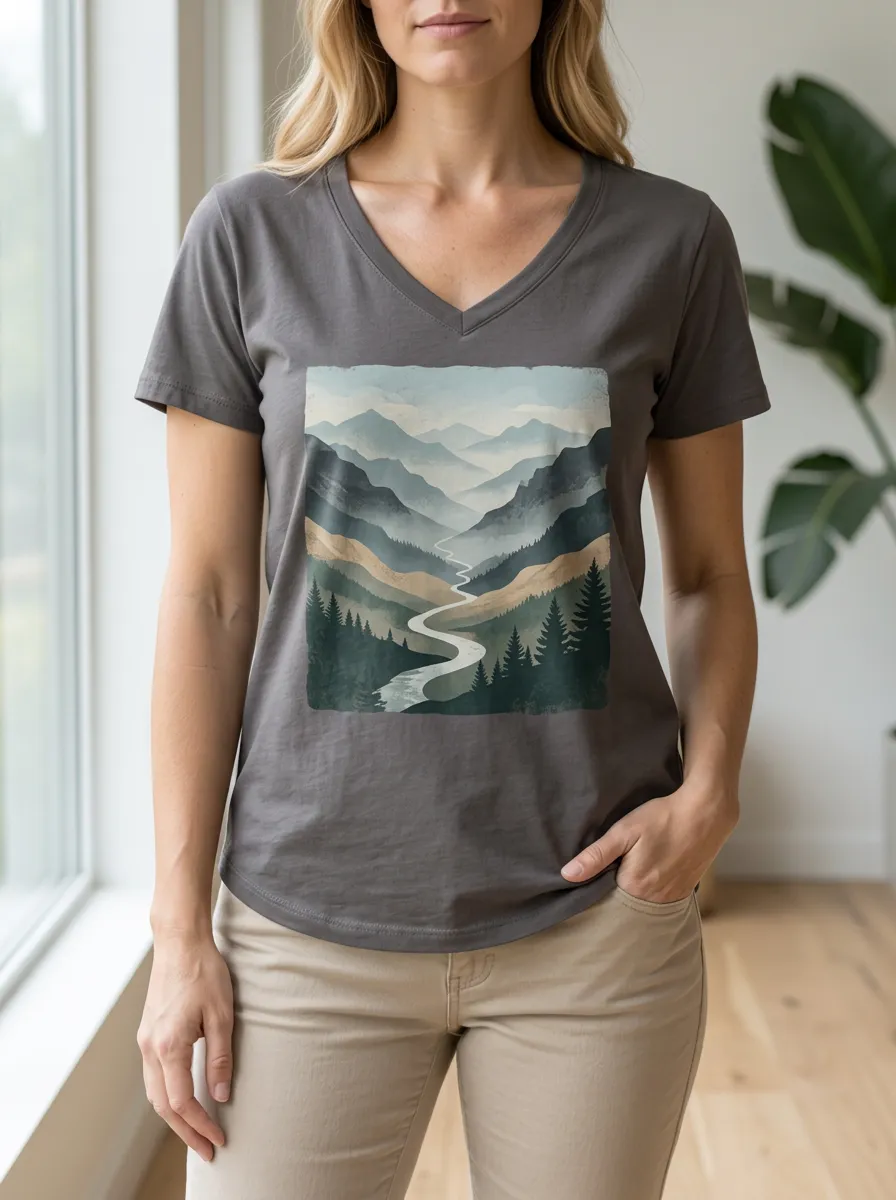 Women's Forest Nature Lover Mountain River Forest V-Neck T-Shirt