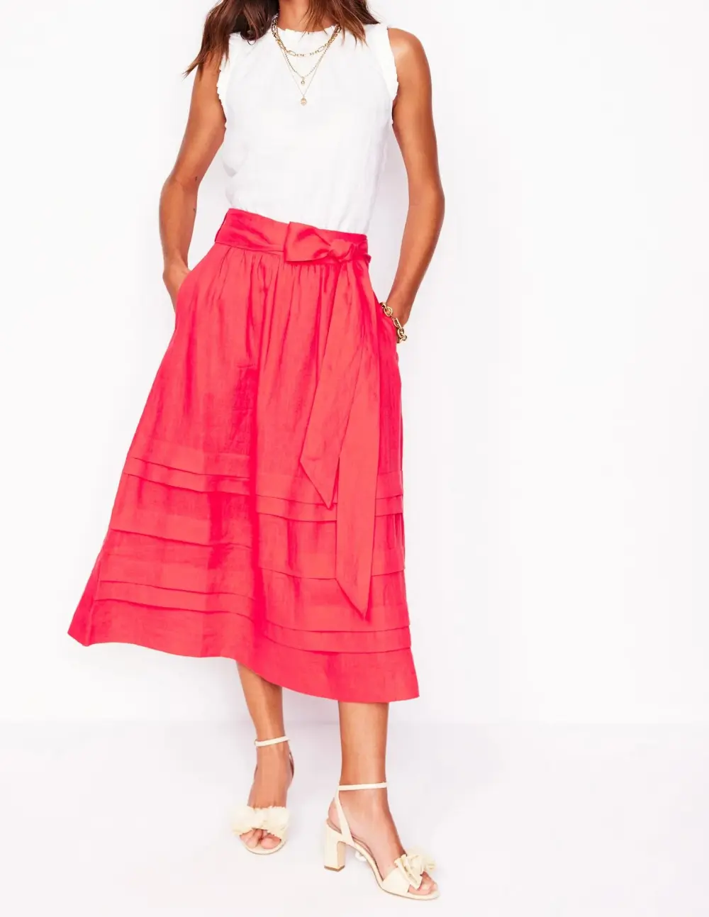 Pintuck Linen Midi Skirt