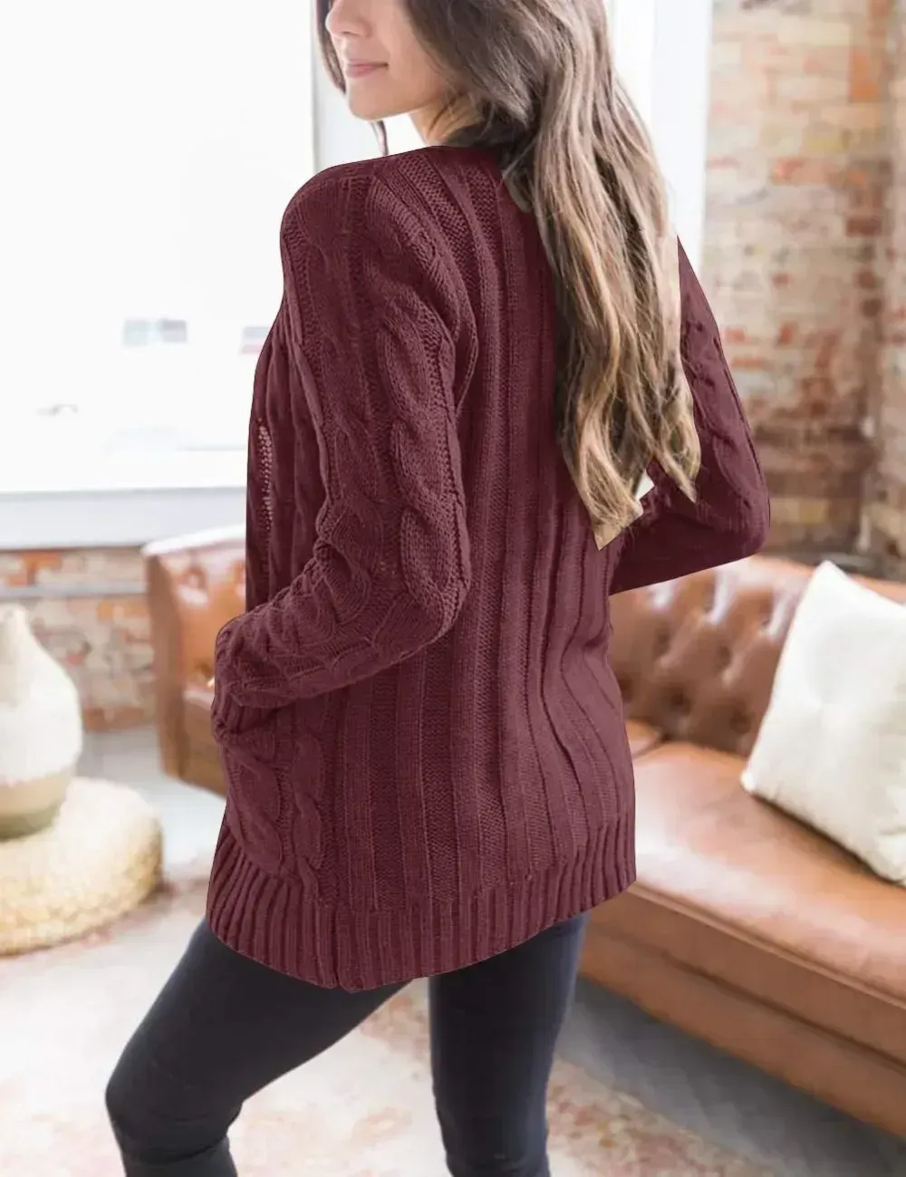 MEROKEETY Women's 2024 Fall Long Sleeve Cable Knit Sweater Open Front Cardigan Button Loose Outerwear