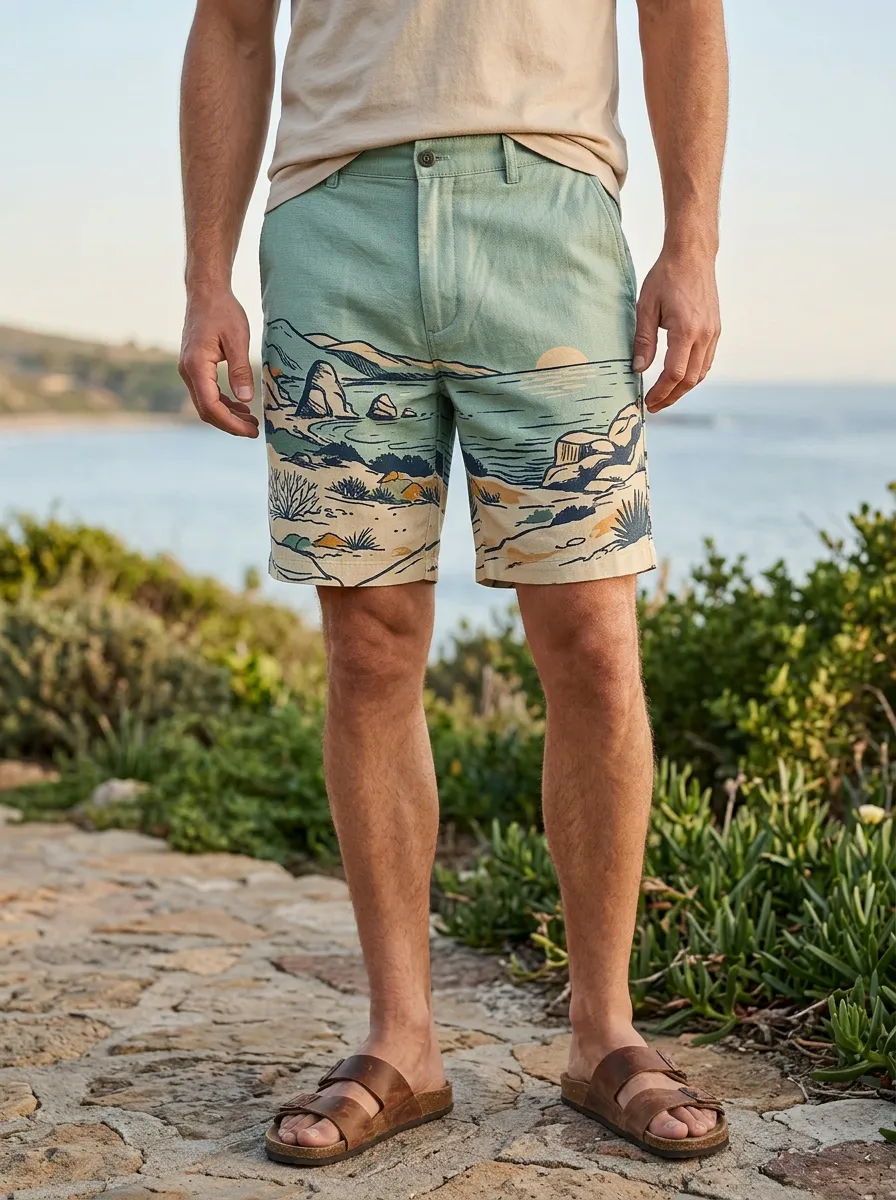 Men's Coastal Landscape Beach Scene Chino Shorts