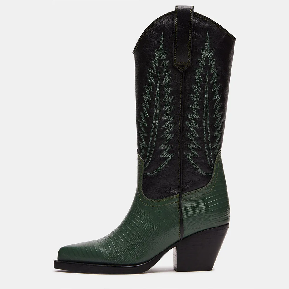Classic Faux-Leather Embroidered Pointed-Toe Chunky-Heel Mid-Calf Boots
