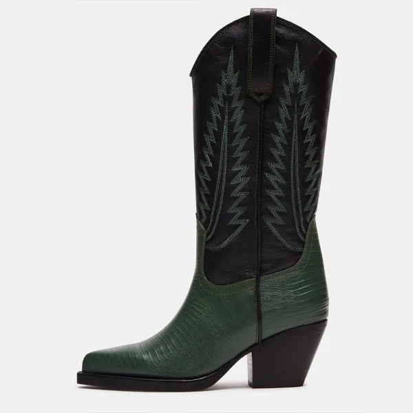 Classic Faux-Leather Embroidered Pointed-Toe Chunky-Heel Mid-Calf Boots