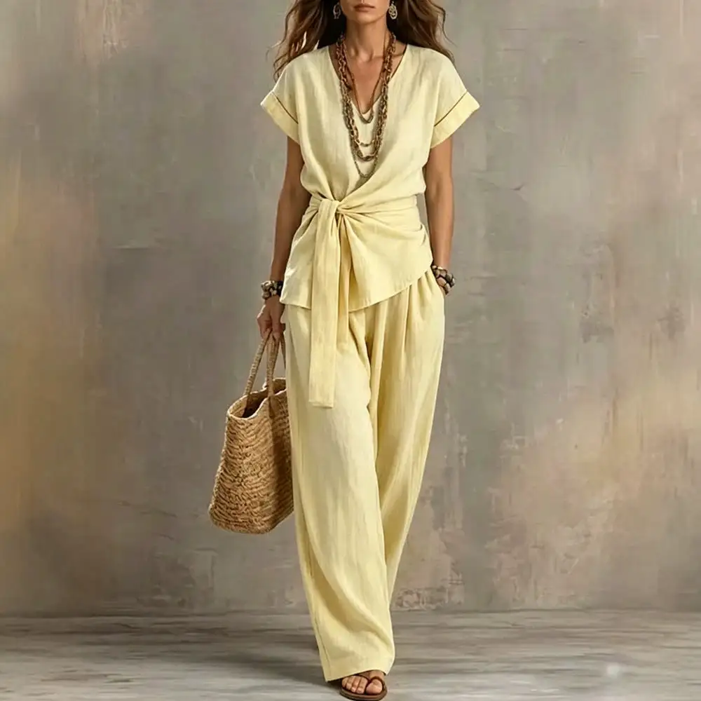 Refined Short-Sleeve V-Neck Women's Matching Set