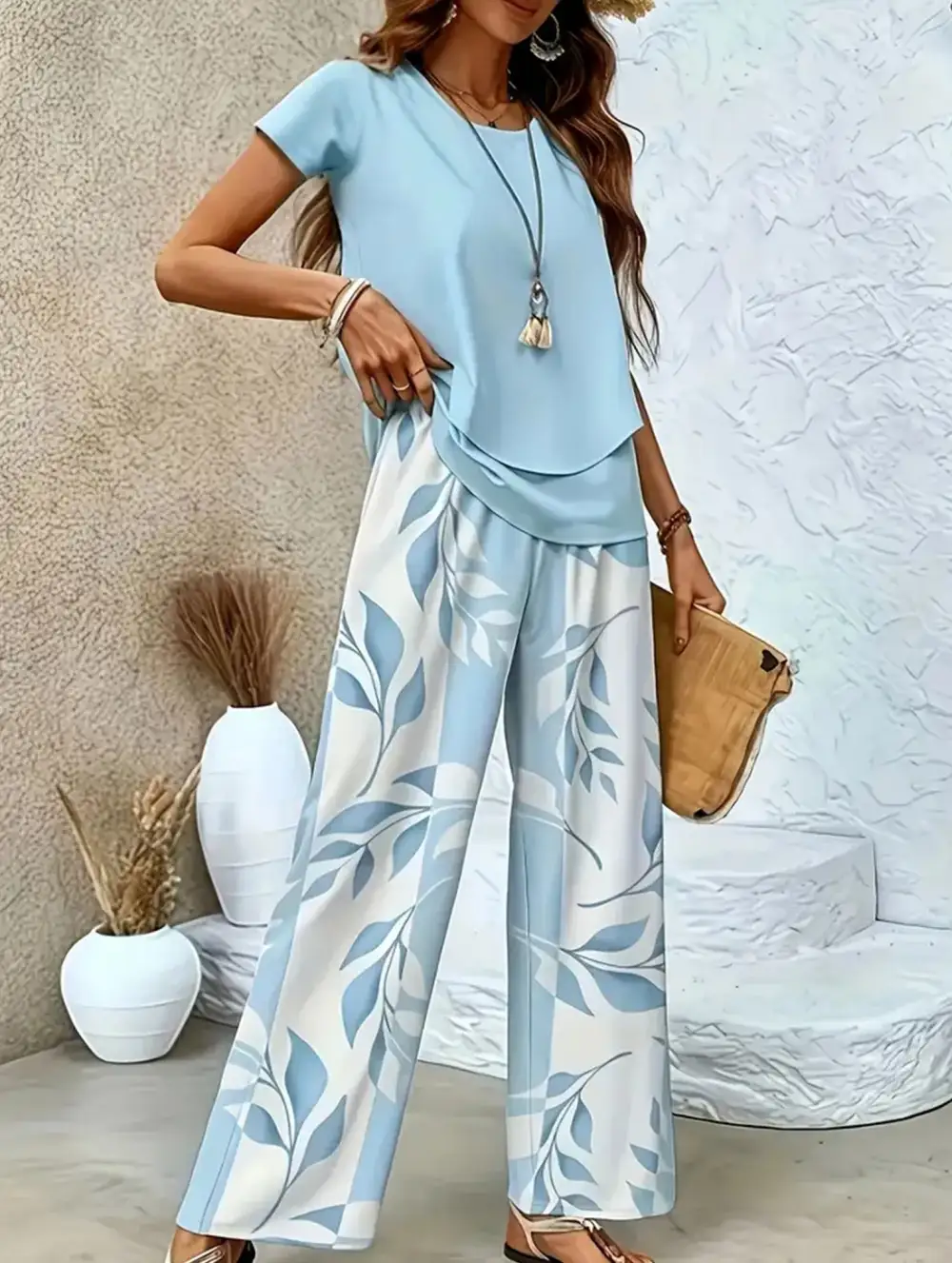 Print Top Wide-Leg Pants Set