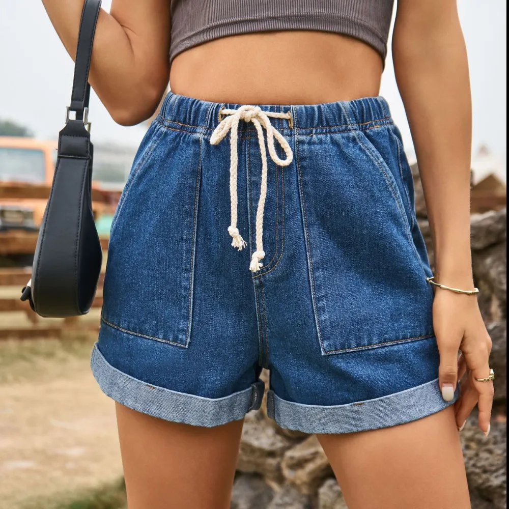 Casual Drawstring High Waist Denim Shorts with Pockets