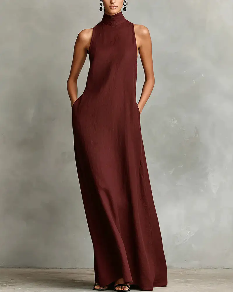 Effortless Linen Blend High Neck Maxi Dress With Pockets