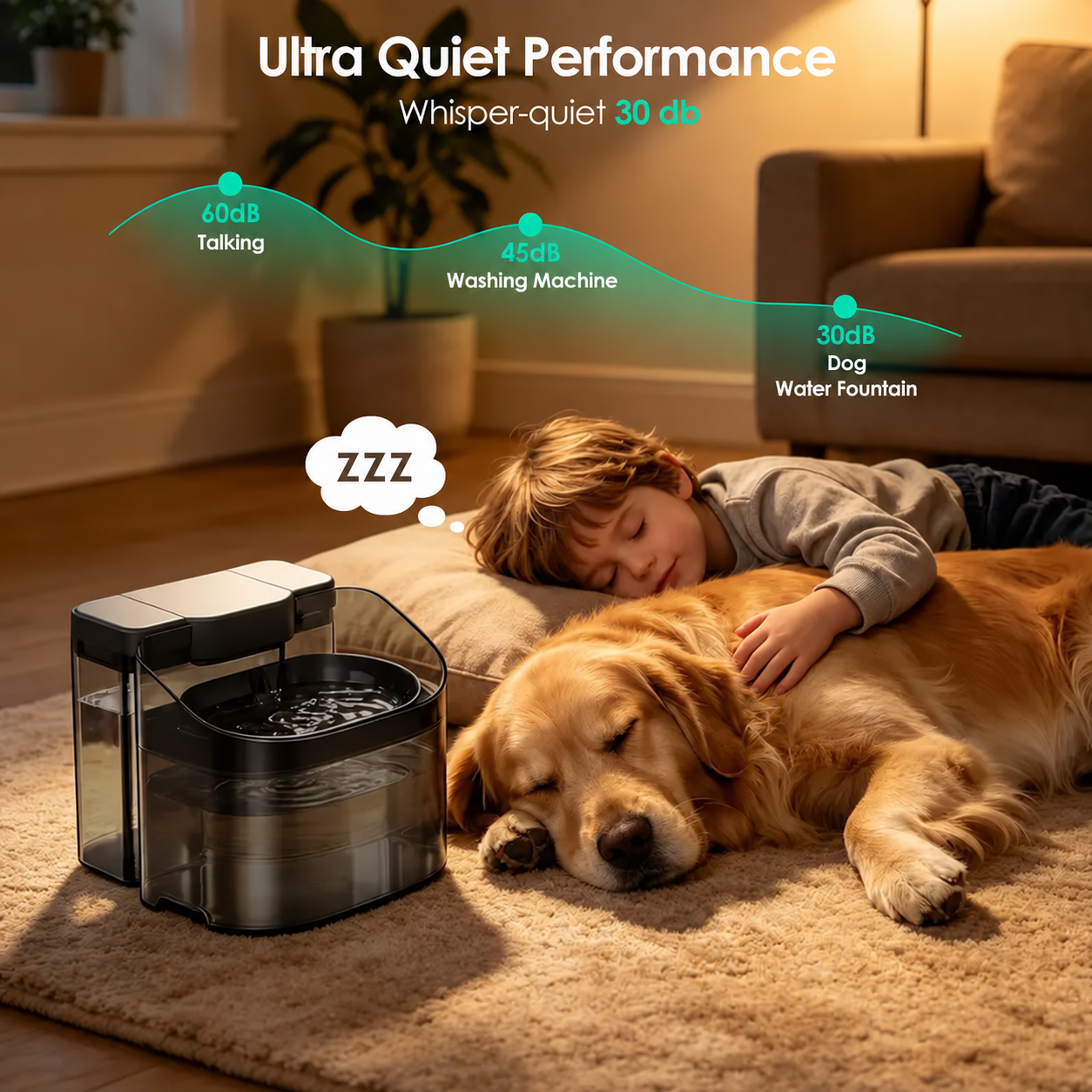 Quiet water fountain in a home with a resting dog