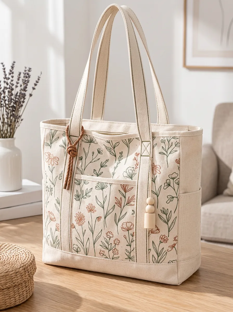 Women's Botanical Wildflower Structured Printed Canvas Shoulder Tote Bag
