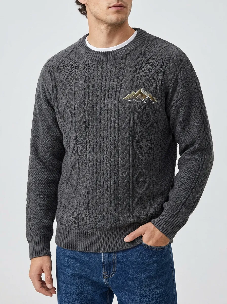 Men's Charcoal Grey Cable Knit Mountain Embroidered Sweater