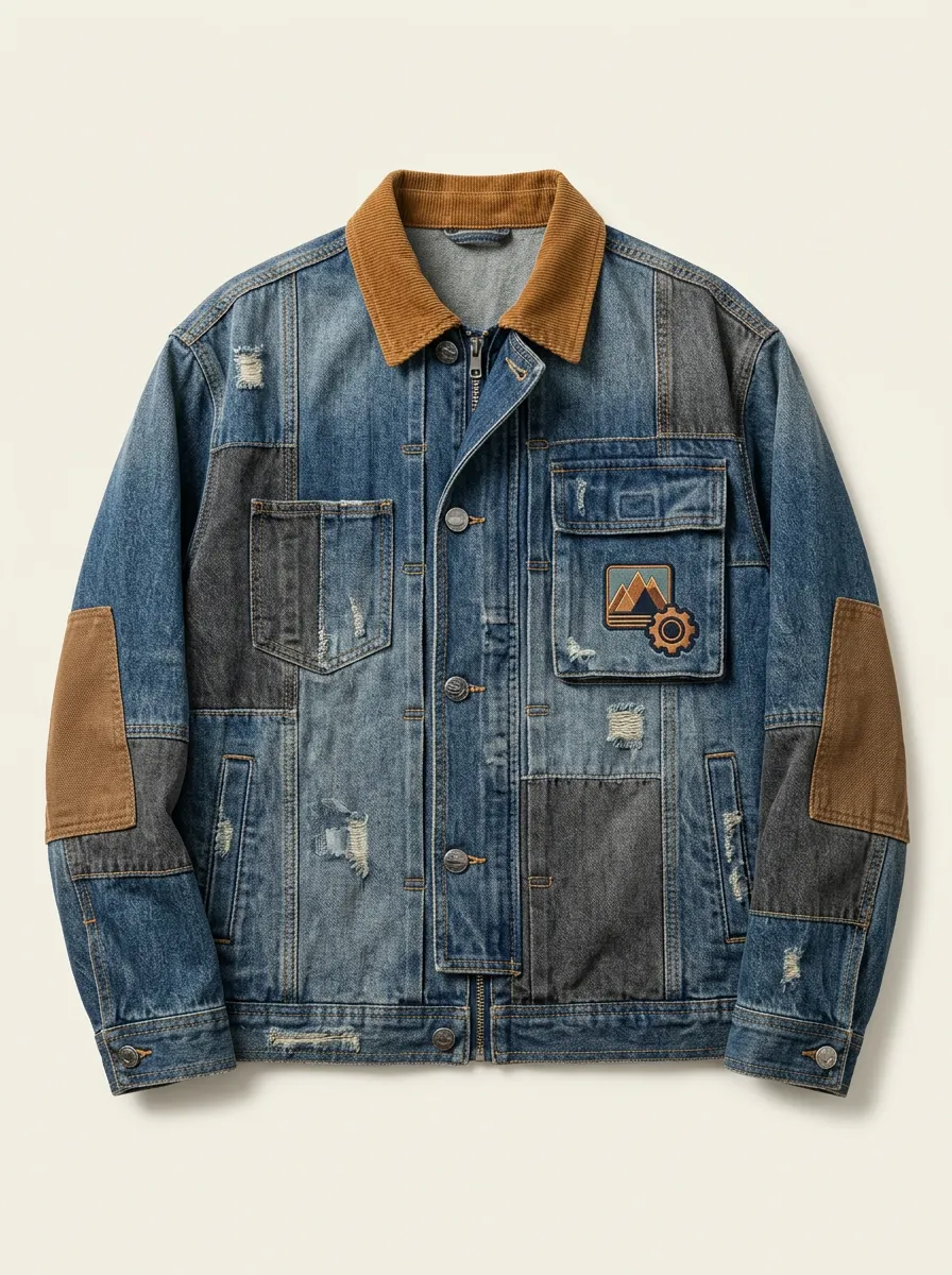Men's Outdoor Adventure Mountain Gear Patchwork Distressed Denim Jacket