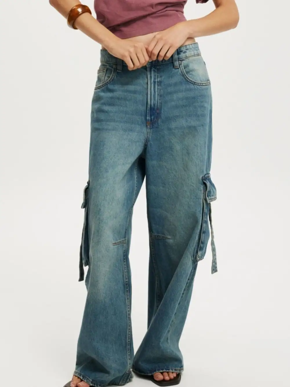 Vintage Wash Wide Leg Cargo Jeans