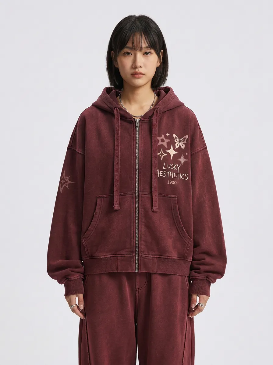 Women's Streetwear Lucky Aesthetics Butterfly Star Printed Zip-up Hoodie