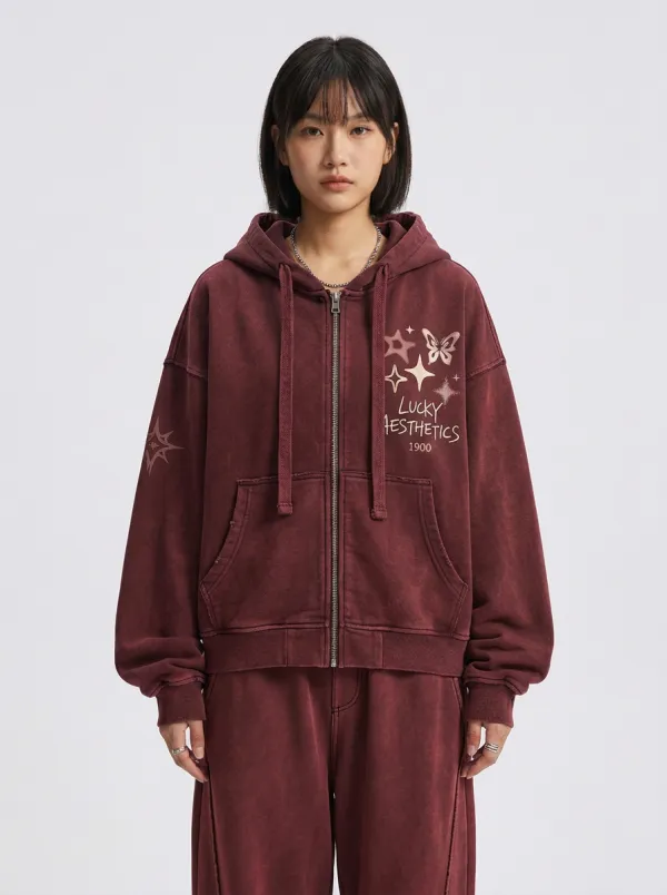 Women's Streetwear Lucky Aesthetics Butterfly Star Printed Zip-up Hoodie
