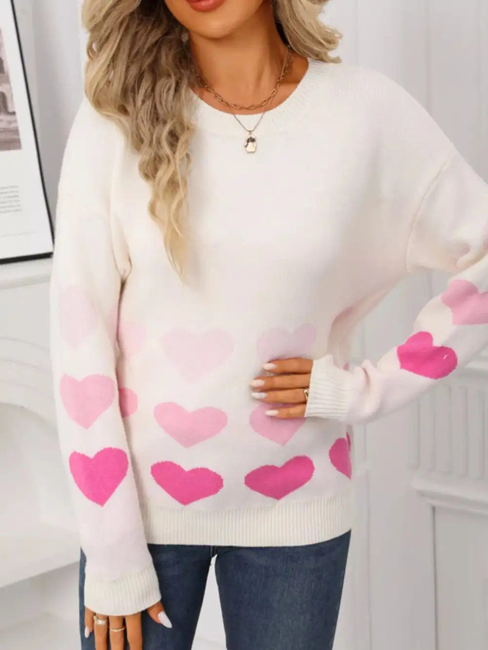 Valentine's Day Heart Pattern Crew Neck Sweater