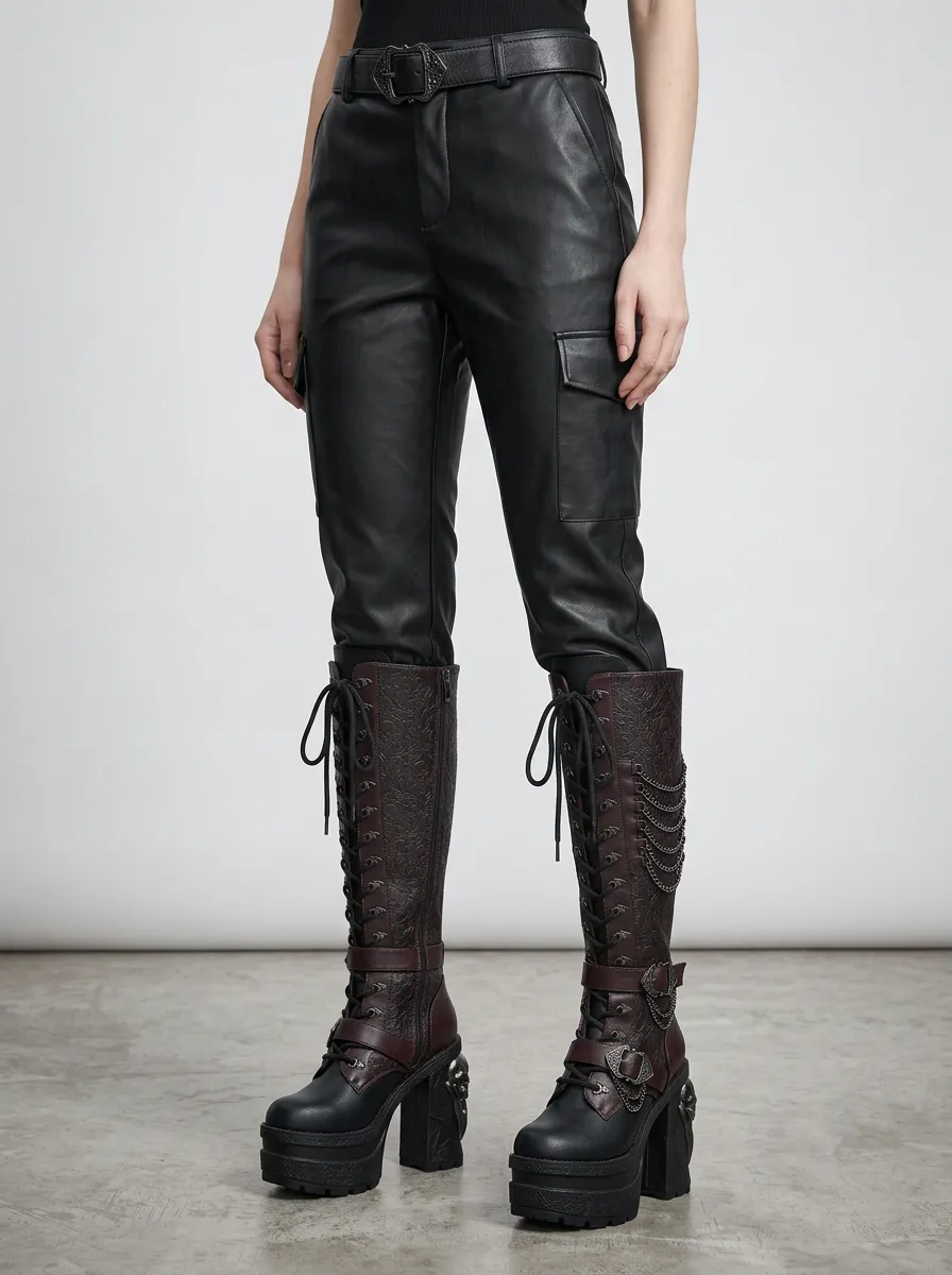 Gothic Revival Skull Chain Embossed Street Look Women's Gothic Platform Boots