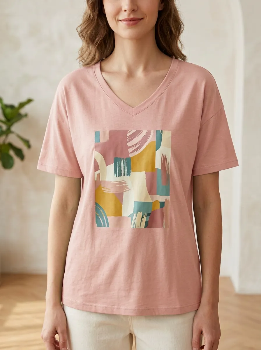 Women's Abstract Art Lover Geometric Brushstroke Printed V-Neck T-Shirt