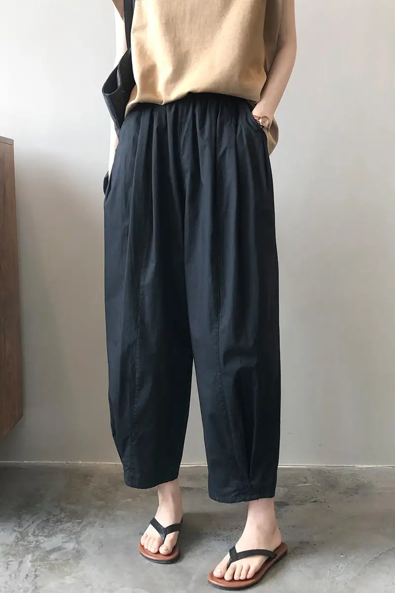 Refined Cotton Wide Leg Elastic Waist Pocketed Trousers