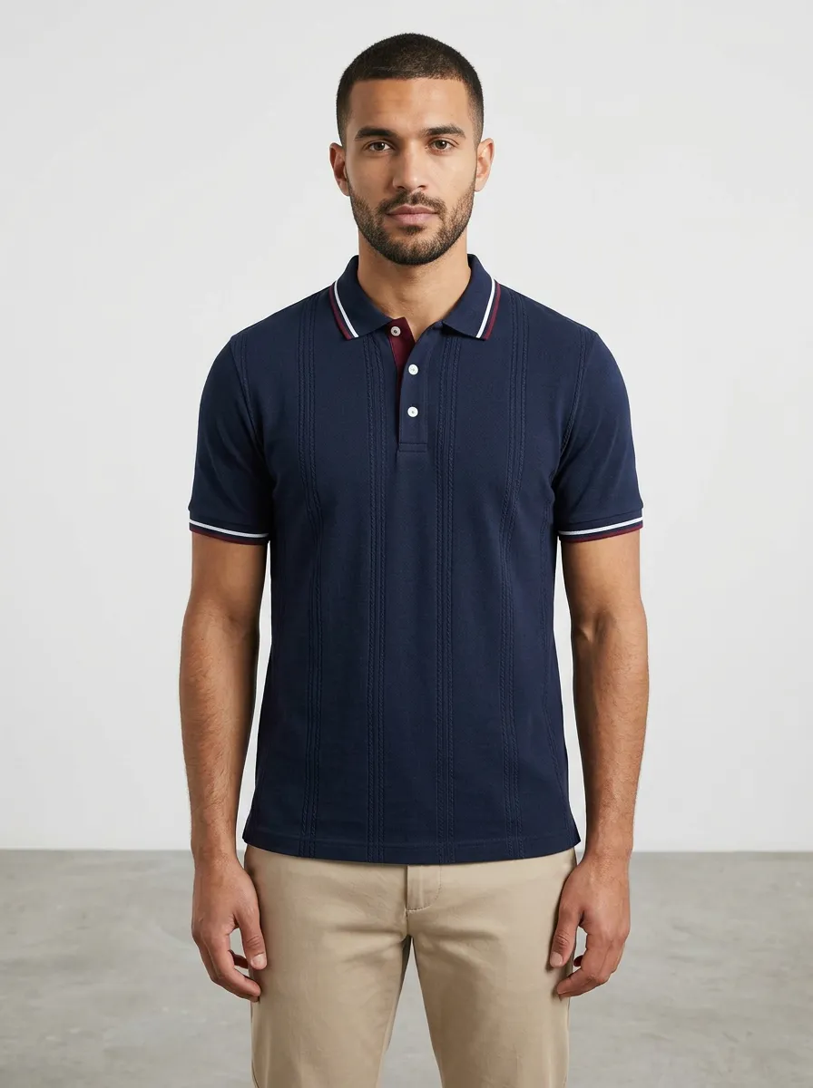 Men's Casual Vertical Striped Textured Polo Shirt
