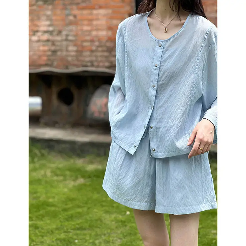 Flowing Round Neck Long Sleeve Shirt And High Waist Wide Leg Shorts Set