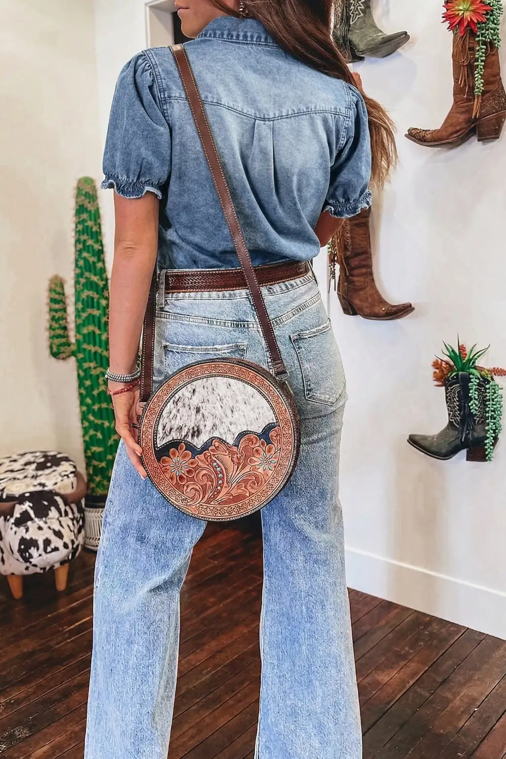 Women's Denim Short Sleeve Frilled Blouse
